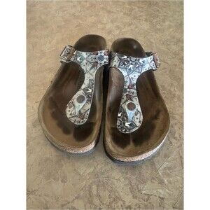 Birkenstocks Floral T-Strap Women’s Sandals - White/Brown Sz 36 regular